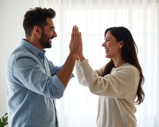 Latino couple celebrating being debt free